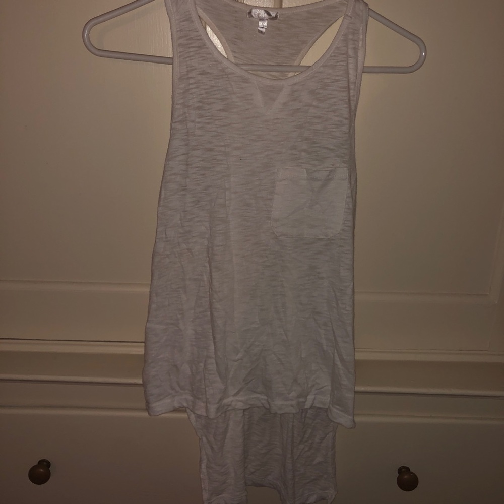 White tank top with a short train on the back